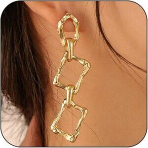 Chunky Dangle Earrings Square Gold Trendy Statement Long Unique Classy Fashion